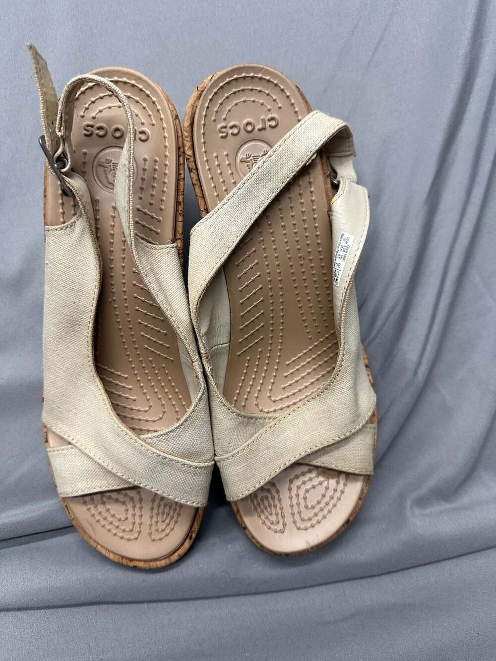 Crocs A-Leigh Linen Cork Wedge Sandals Beige Women's Size 10